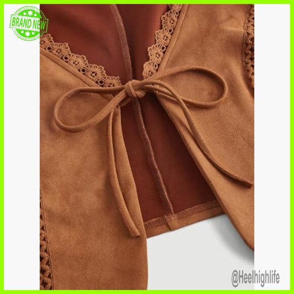 Plus Size Faux Suede Vest Sleeveless Tie Front Cardigan Jacket - Picture 3 of 3